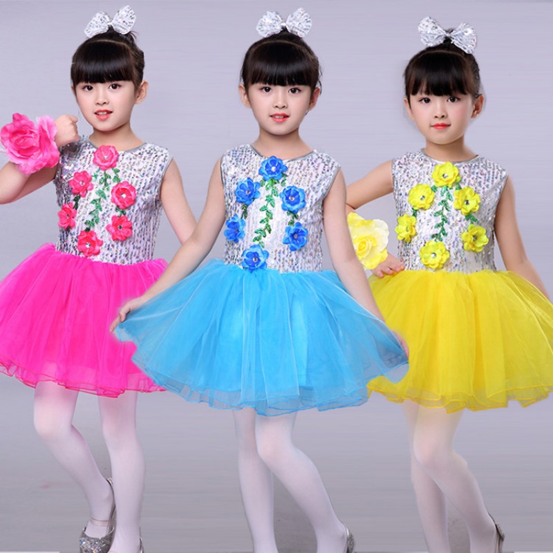 Yellow fuchsia turquoise sequined flowers glitter fashion girl's boy's school modern dance jazz singers dancers jazz host dancing outfits dresses