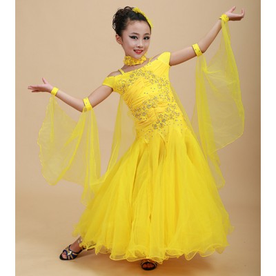 Yellow red turquoise Children Standard Ballroom Dance Competition Dresses Waltz/Tango Dresses Kids For Sale Girls Jazz Dance Costumes