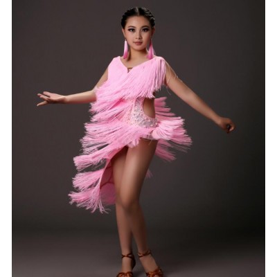 Yellow sequins tassel kids latin dress pink modern dance dress for girls dance competition salsa rumba dress latin dance dress