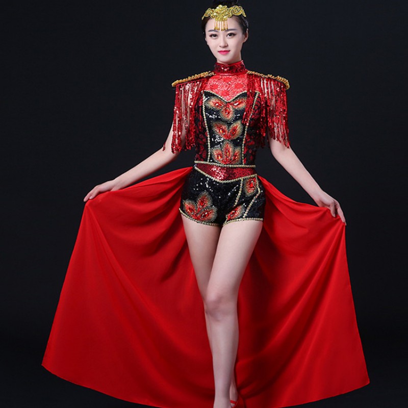 Jazz dance costumes for women singers tuxedo shorts red black tassels paillette modern dance hiphop drummer performance outfits