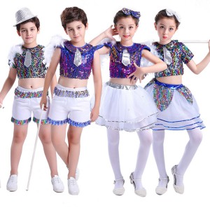 Jazz dance outfits for boys kids girls children princess stage performance paillette singers dancers ds dj  street dance hiphop costumes