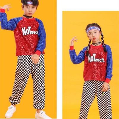 Juvenile jazz dance wear royal blue red sequines plaid jazz dance street dance outfits for boy girls cheerleading performance uniforms for children