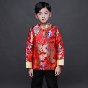Kid China dragon silk cotumes of the Tang Dynasty for boys children Chinese traditional garments jacket costume pants for children boy clothing