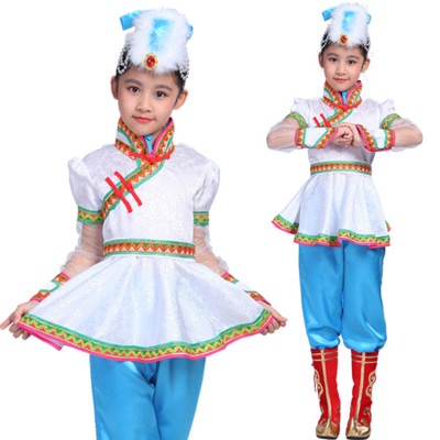 Kids ancient Chinese folk dance costumes for girls children  white Mongolian stage performance competition drama film cosplay dancing dresses