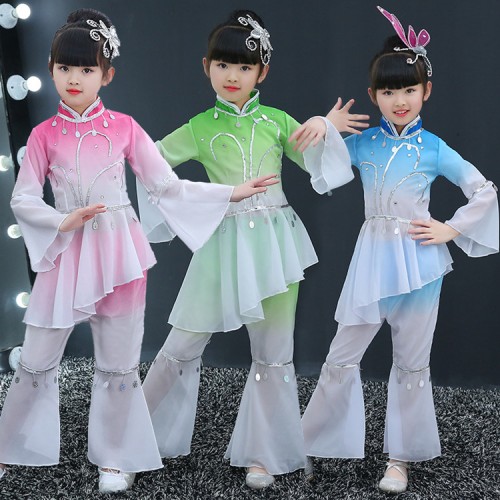 Kids ancient chinese folk dance costumes for girls pink green gradient color traditional stage performance fairy yangko fan dancing dresses