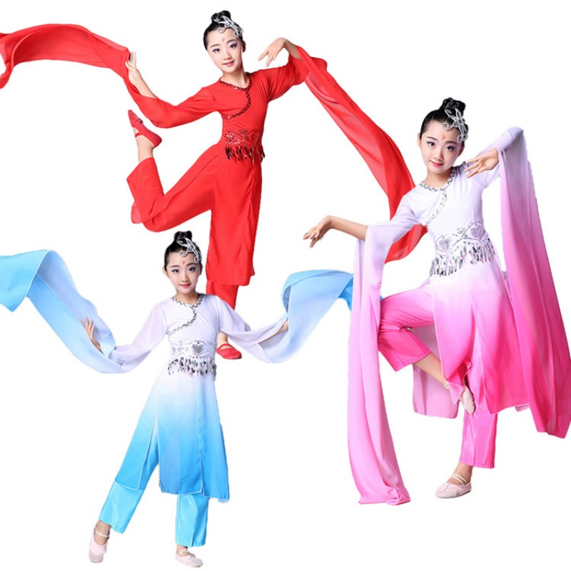 Kids ancient traditional Fairy Chinese folk dance costumes blue pink red water fall sleeves for girls stage performance cosplay hanfu dresses
