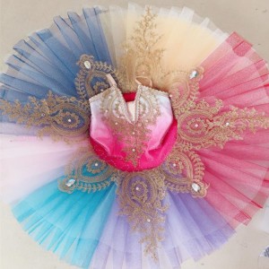 Kids ballet dresses rainbow colored girls  stage performance competition pancake ballerina platter tutu skirt dresses