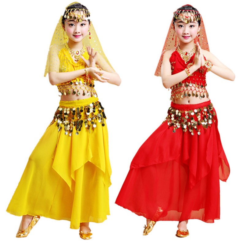 Kids belly dance dresses  girls red blue stage performance photo drama copay competition Indian Egypt queen dancing tops and skirts costumes