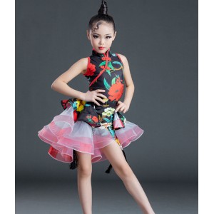 kids black with red rose flowers printed latin dance dresses girls stage performance latin dance skirts salsa chacha dance dress for children