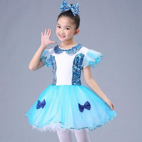 Kids blue jazz dance dresses princess ballet dress school competiiton chorus dress stage performance modern dance costumes
