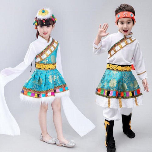 Kids boys girls mongolian minority chinese folk dance costumes tibet stage performance robes 