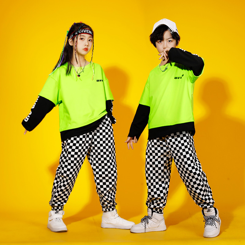 kids Boys rapper singer hiphop street jazz dance costumes for girls neon green with black plaid  hip hop gogo dancers jazz dance performance outfits