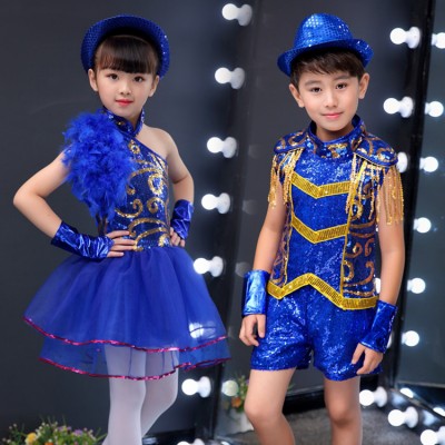 Kids children boys girls royal blue sequin jazz dance hiphop street dance outfits school competition chorus stage performance costumes