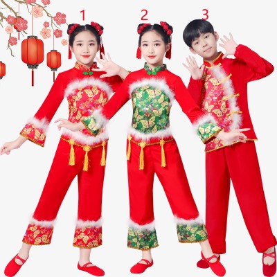 Kids Children New Year's Day Spring Festival festive drum performance clothes lanterns dance dresses for boys girls chinese folk performance clothes 