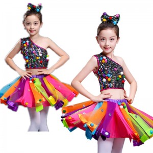 Kids children rainbow sequins jazz dance dress princess modern dance dress model show performing dress costumes