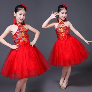 Kids chinese folk dance costumes ancient traditional drummer dragon china style photos cosplay competition stage performance princesses dresses