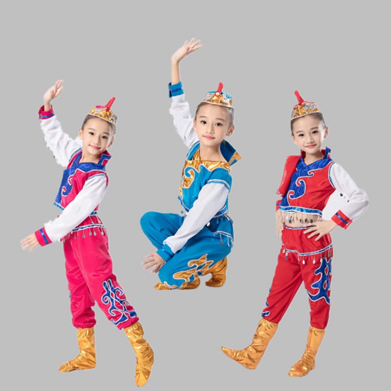 Kids chinese folk dance costumes ancient traditional Mongolian dance cosplay stage performance dancing tops and pants