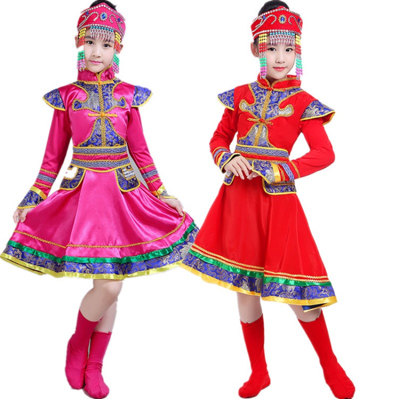 Kids chinese folk dance costumes ancient traditional Mongolian grassland dance photos drama cosplay ride horse robes