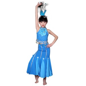 Kids chinese folk dance costumes for girls blue green color stage performance photos modern peacock dance belly dancing mermaid dresses