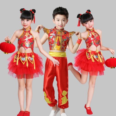 Kids Chinese folk dance costumes for  girls boys red china dragon traditional ancient drummer stage performance photos cosplay dresses