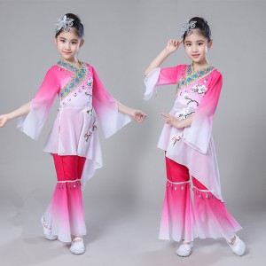 Kids chinese folk dance costumes for girls children pink green blue gradient fairy yangko ancient traditional dance stage performance drama cosplay clothes