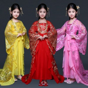 Kids chinese folk dance costumes for girls children yellow red pink princess queen tang dynasty fairy cosplay dresses robes
