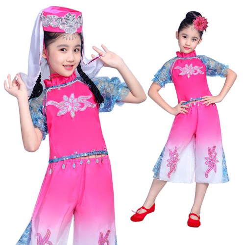 Kids chinese folk dance costumes  for girls pink gradient color ancient stage performance yangko classical dancing tops and pants