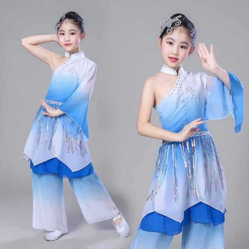 Kids chinese folk dance costumes green royal blue fuchsia gradient colored ancient traditional yangko fan cosplay stage performance costumes dresses