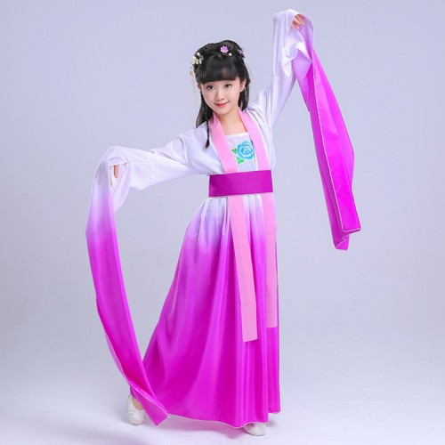 Kids Chinese folk dance dress ancient traditional fairy stage performance yangko hanfu waterfall sleeves gradient violet color costumes clothes