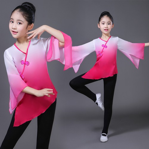 Kids chinese folk dance dresses ancient yangko fairy traditional stage performance competition gradient colors tops 