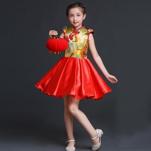 Kids chinese folk dance dresses  for girls dragon china style ancient traditional drummer singers party performance drama cosplay dresses