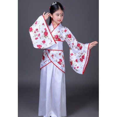 Kids chinese folk dance dresses rose flowers hanfu kimono drama cosplay photography show performance costumes for girls children