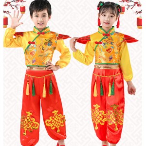 Kids chineses dragon festival drum performance clothes open the door red Yangge suit toddler baby Chinese wind yangge dance drumming clothes
