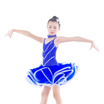 Kids competition latin dresses royal blue red purple for girls diamond stage performance professional ballroom rumba chacha dance skirts 