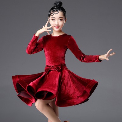 Kids Dresses for Girls Long Sleeve Latin Dance Dress Velvet Ballroom Competition Party Stage Performance Practice Costumes