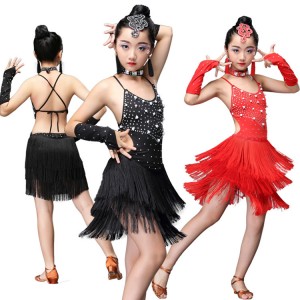 Kids fringes latin dresses red black for girls competition stage performance professional chacha rumba salsa dancing costumes