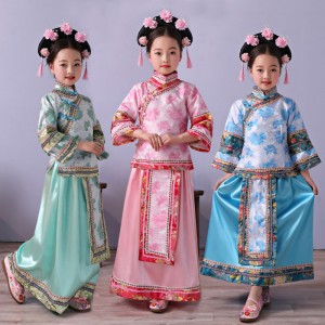 kids girls chinese folk dance dresses qing dynasty court empress queen stage performance photos drama cosplay costumes 