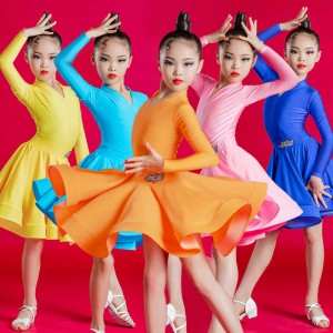 Kids girls pink orange blue yellow competition latin dance dresses modern ballroom dance costumes stage performance latin dance clothing for girl