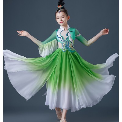 Kids Girls Red green fuchsia chinese folk Classical dance costumes hanfu fairy dress floating children's suit fan Yangge dance suit solo dance clothes for girls