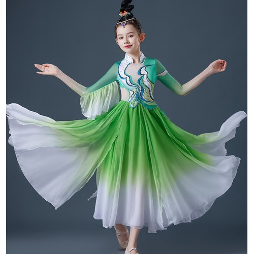 Kids Girls Red green fuchsia chinese folk Classical dance costumes hanfu fairy dress floating children's suit fan Yangge dance suit solo dance clothes for girls