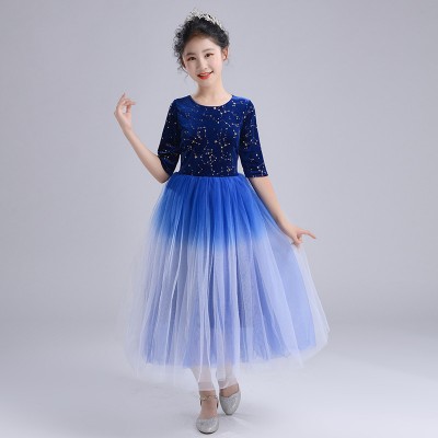 Kids girls royal blue jazz dance long dress flower girls chorus singers dress model show stage performance dress