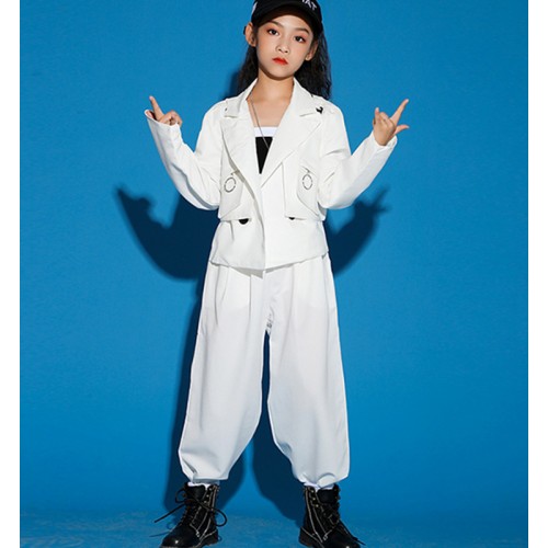  Kids  Girls singers rapper white Hip Hop Street jazz Dance costumes modern dance singers gogo dancer Stage performance outfits Girls drummer perform Pants Top vests