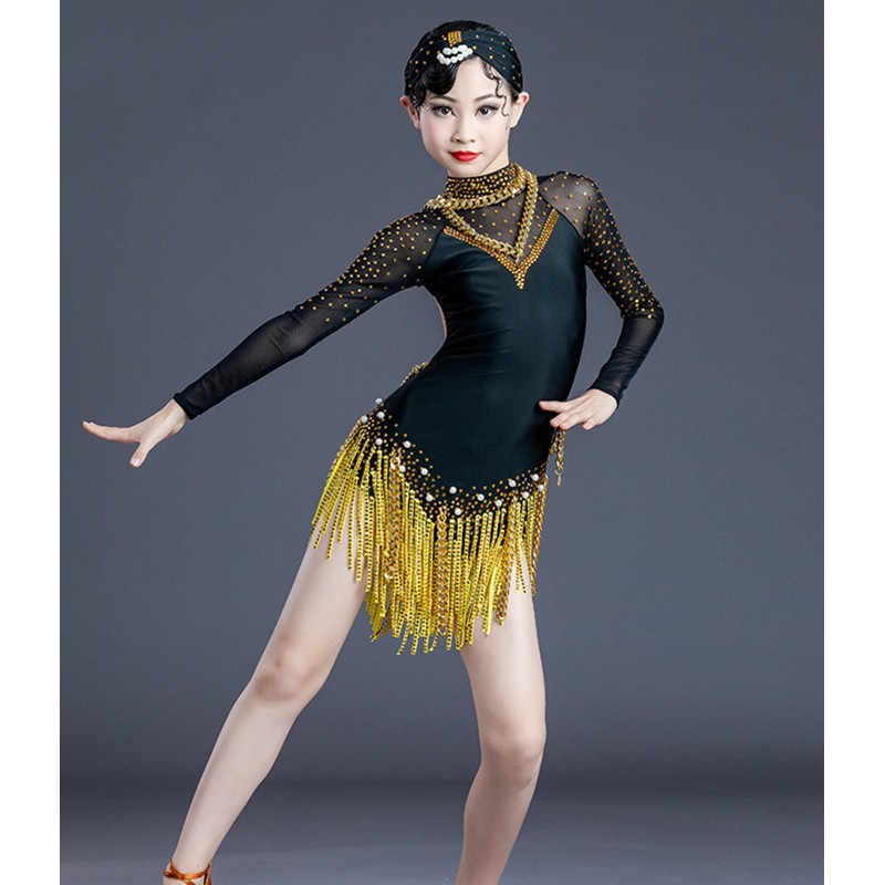 Kids High-end professional competition Latin dance dresses Children latin dance costume black with gold diamonded dress latin competition suit