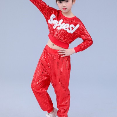 Kids hiphop dance costumes red paillette modern dance cheer leaders street jazz singers gogo dancers party stage performance tops and pants