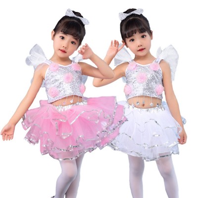 Kids jazz dance costumes silver pink modern dance singers princess ballet dancing stage performance birthday party dancing dresses