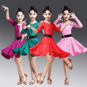 Kids lace latin dresses Ballroom Dresses red green pink for children Tango Salsa Latin Dance Dress Children  Lace Dress For Girls 