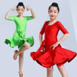 Kids latin dance dresses red green orange stage performance competition ballroom salsa chacha dance skirts dress