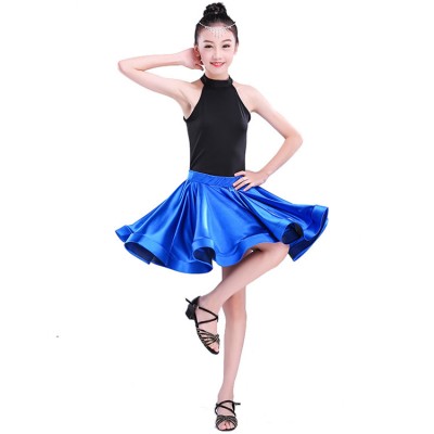 Kids latin dress for girls children royal blue black white patchwork salsa rumba chacha dance tops and skirt