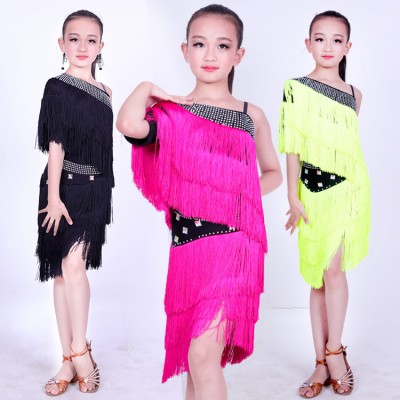 Kids latin dress for girls pink black competition diamond tassels professional stage performance show party dancing rumba chacha dancing dress