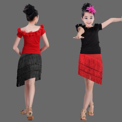 Kids latin dresses black and red fringes competition salsa chacha rumba performance tops and skirts